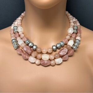 Chicos - Multi Stranded Pink Stone With Silver Accents Beaded Necklace